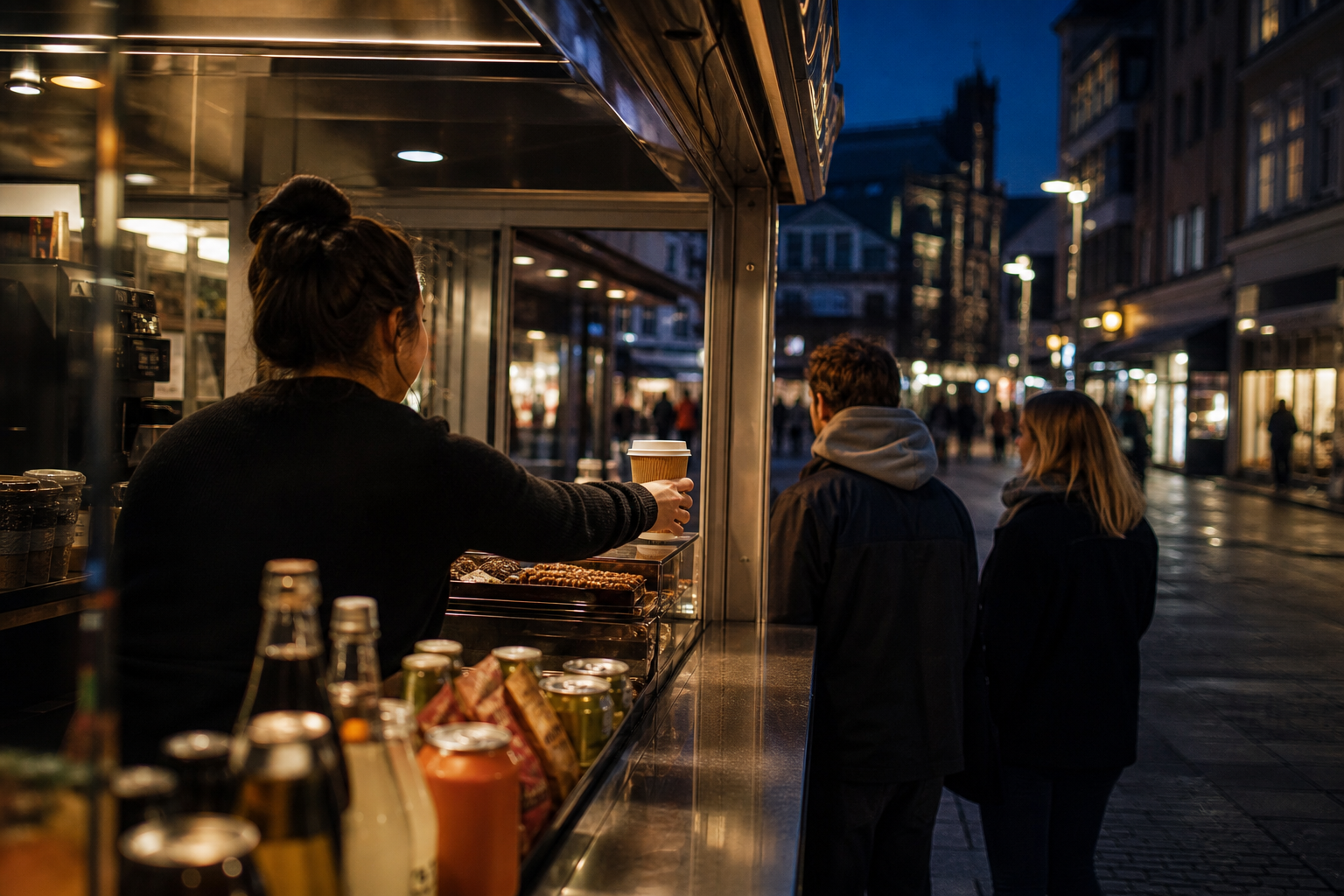 Kiosk-Service am Abend in der Innenstadt
